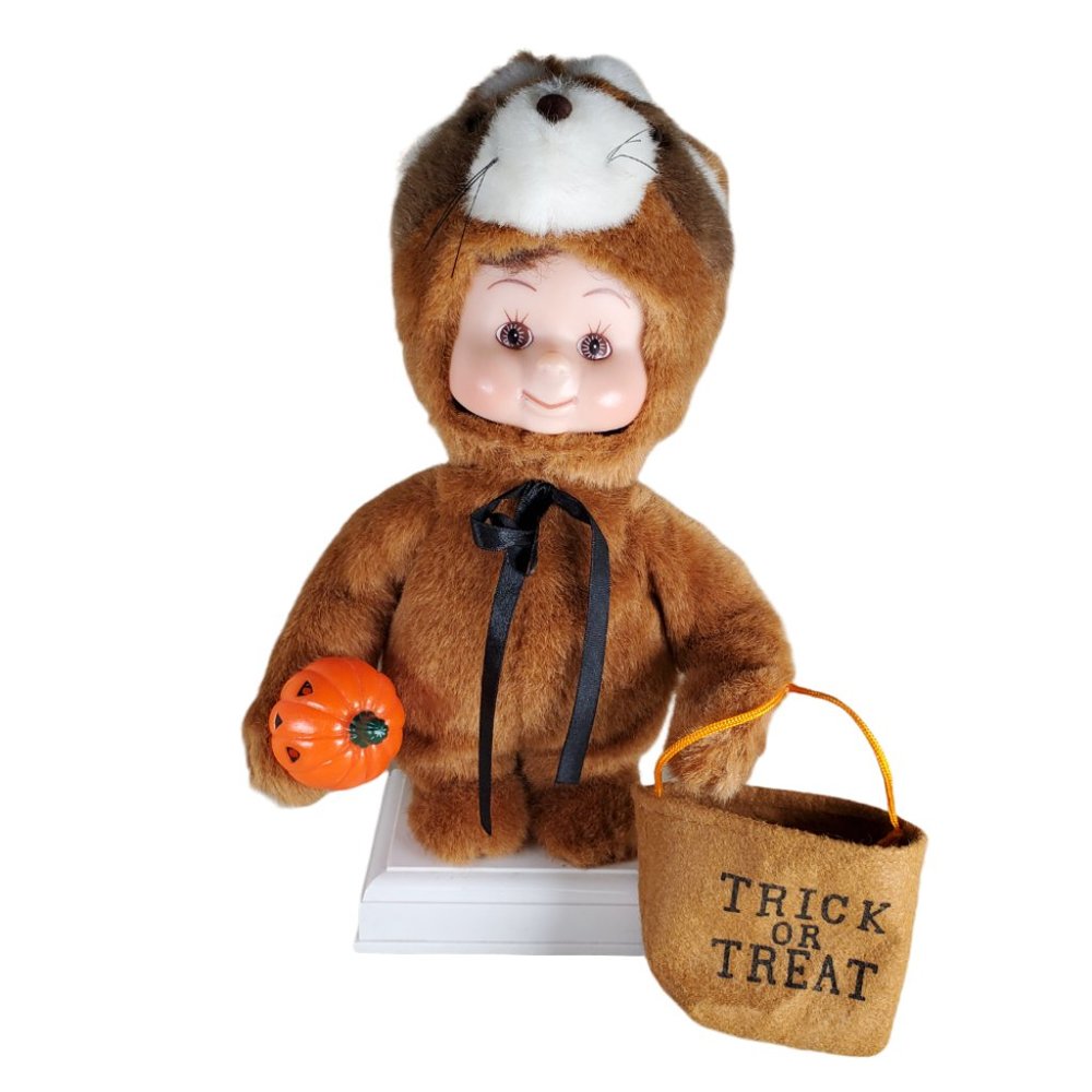 Vintage Animated Halloween Doll Raccoon Costume Illuminated Santas Best 13"